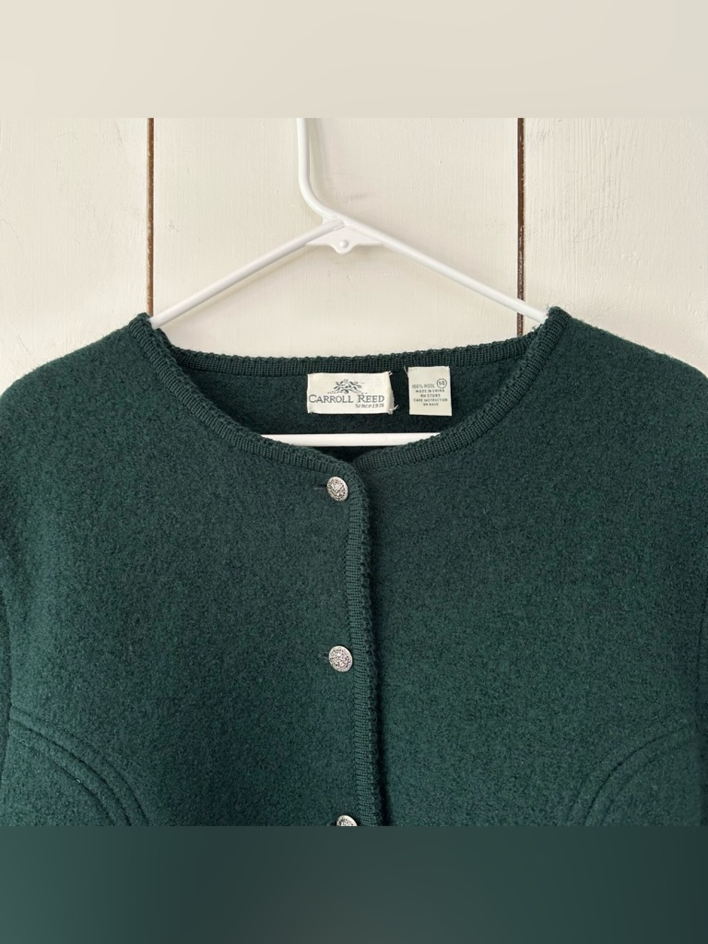 VTG Carroll Reed Boiled Wool Cardigan Sweater Jacket Sz 14 Forest Green - Picture 5 of 8